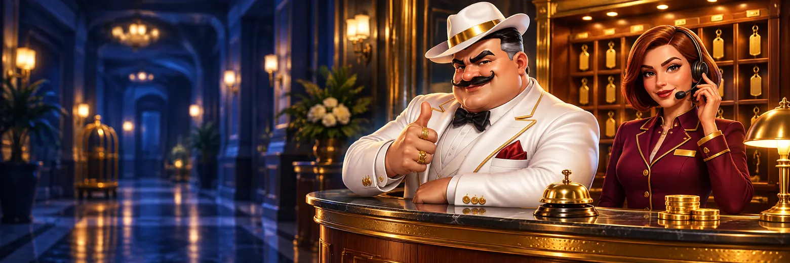 Gentleman giving a thumbs-up at a hotel concierge desk while a concierge takes a call on her headset
