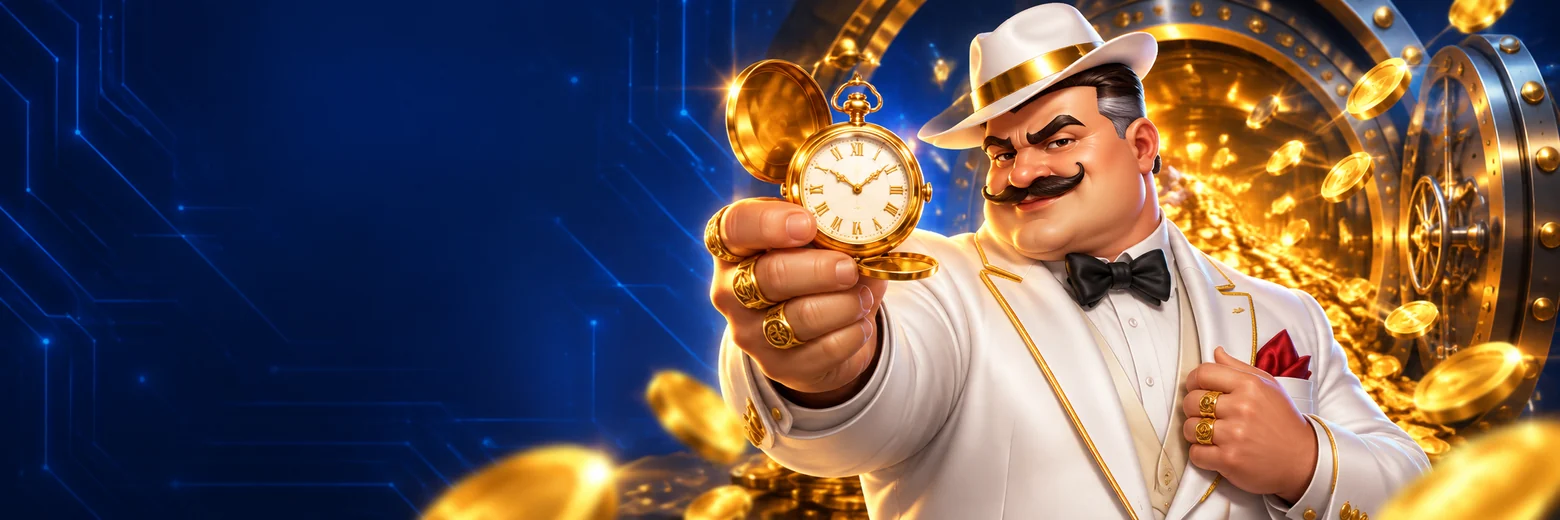 Gentleman holding out a gold pocket watch in front of an open vault spilling coins